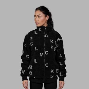 BLVCK Paris Monogram Fleece Zip Up Jacket Sz Large Black & White Oversized